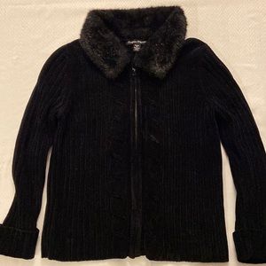 Fur collar zip up velour sweater
